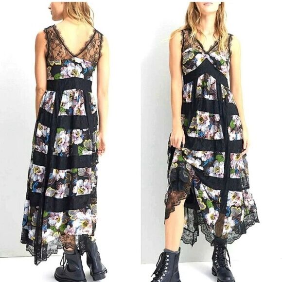 NWT Anthropologie Kasondra Babydoll Maxi Dress 8 Black Floral Asían Print Lace - Picture 3 of 15
